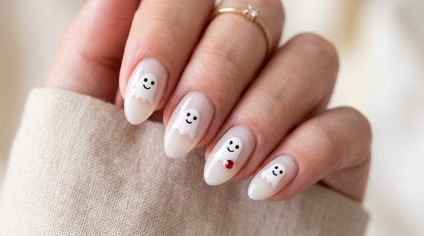 Macro close-up of manicured nails with cute ghost nail art design, milky white sheer base, small hand-painted ghost faces with black dot eyes and curved smile, one nail with tiny red rhinestone blood drop accent, short almond shape, soft pink skin tone, clean studio background, realistic nail art photography