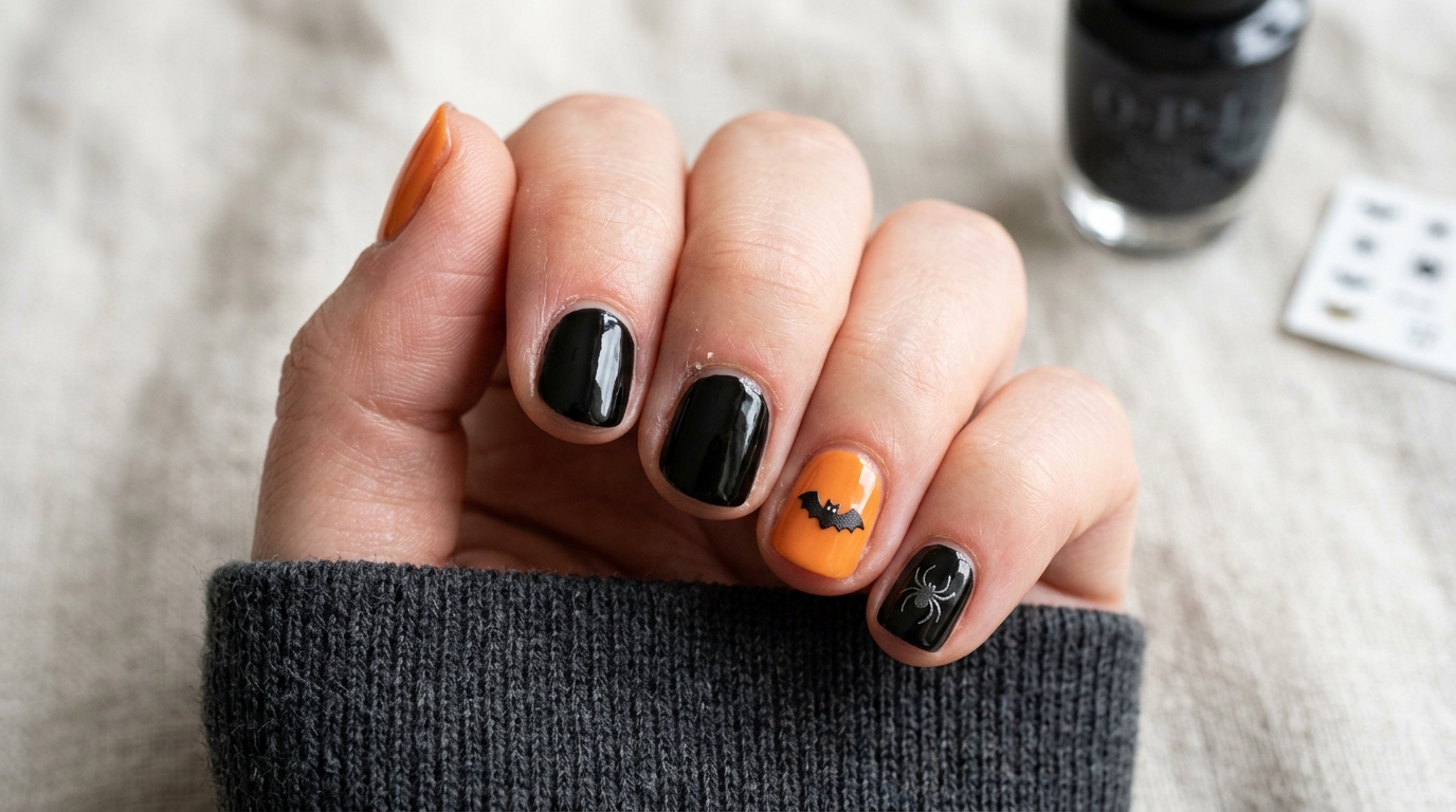 Macro shot of medium almond nails with classic nude French tip base, tiny black bat silhouette painted on the white tip line instead of usual straight line, elegant Halloween twist on French manicure, soft glossy finish, studio lighting