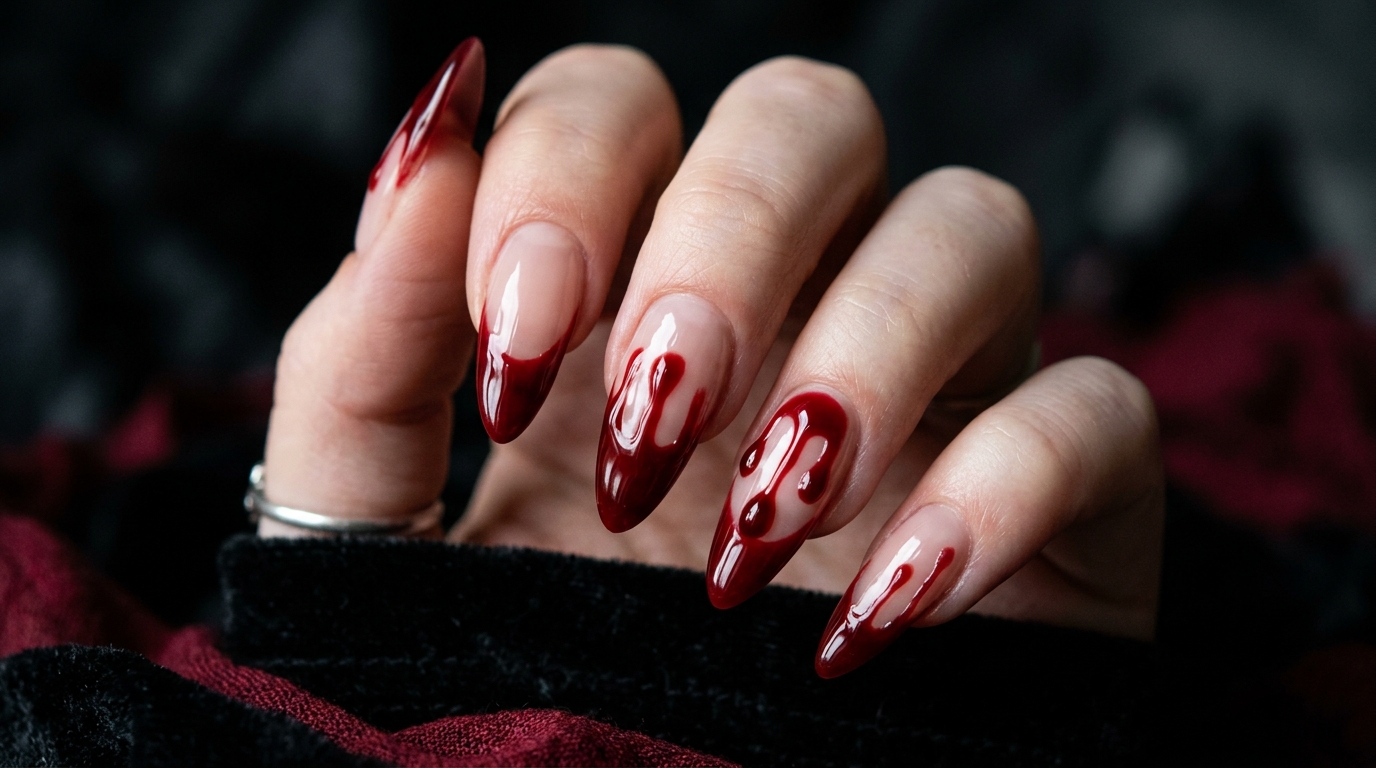 Macro shot of medium almond nails with classic nude French tip base, tiny black bat silhouette painted on the white tip line instead of usual straight line, elegant Halloween twist on French manicure, soft glossy finish, studio lighting