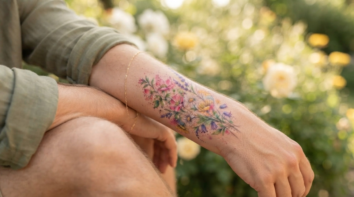 Feminine Floral Color Tattoos
