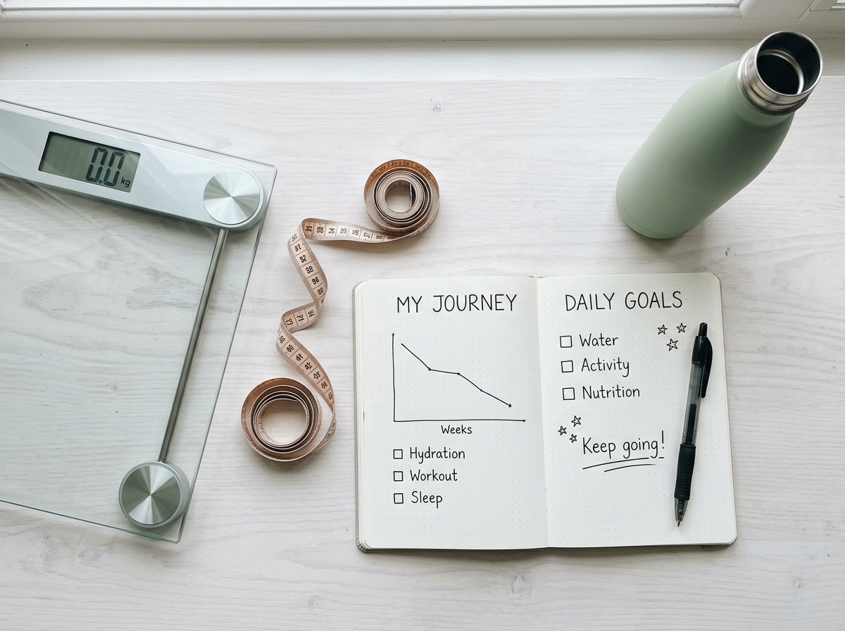 Tracking weight loss progress with scale and notebook