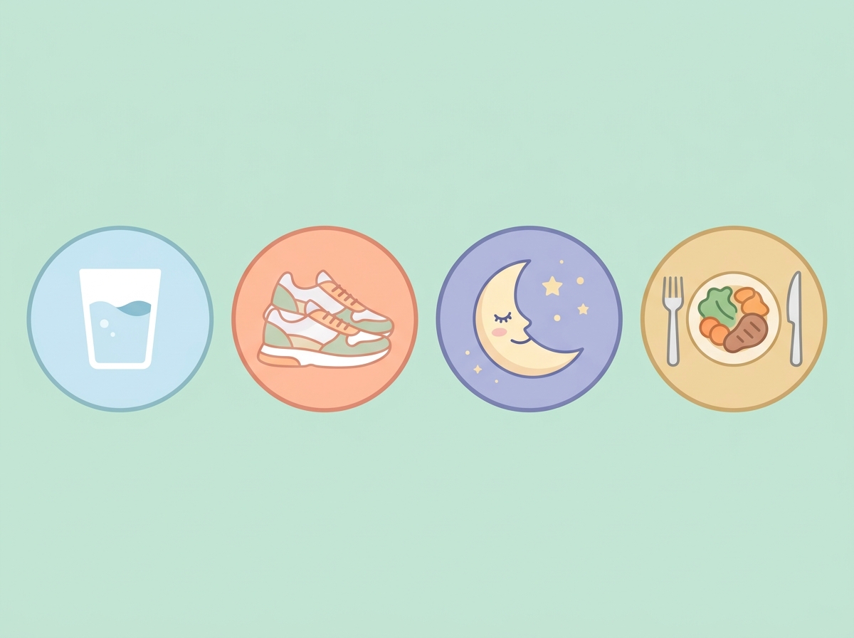 Healthy habits for weight loss including drinking water, walking and sleep